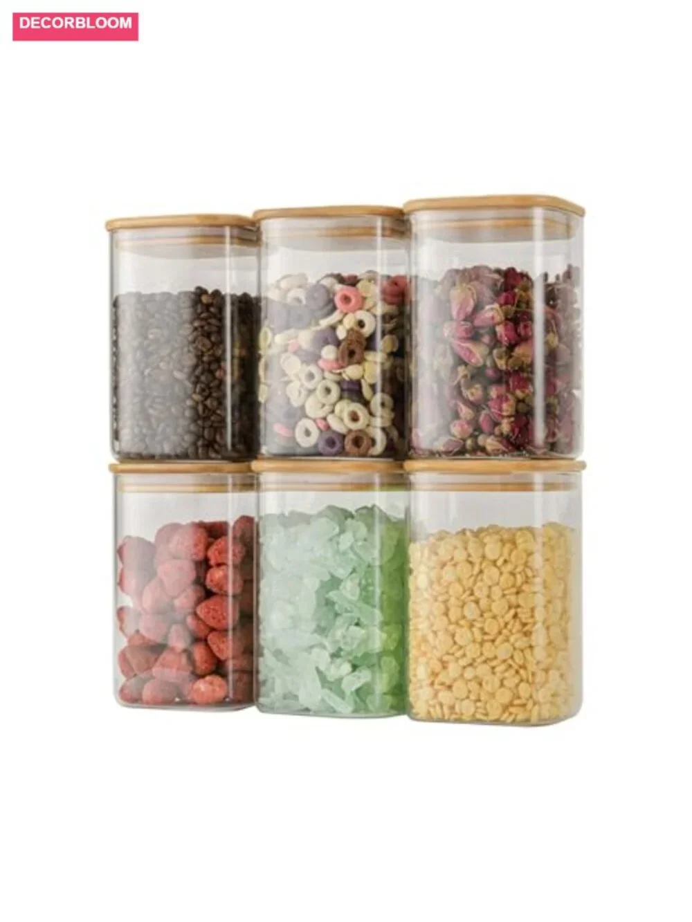 37oz Airtight Glass Square Storage Canisters with Bamboo Lids Set of 6